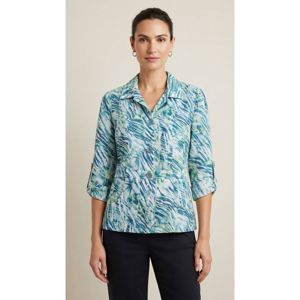 Chicos Blue Green Abstract Print Linen Blend Button Front Shirt Jacket Size 2